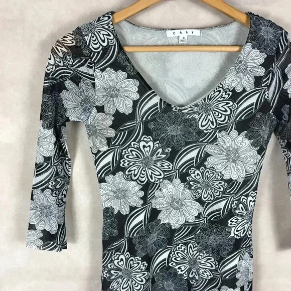 CAbi Classic Vintage Black/White Floral Nylon Mesh Top Size SMALL - Picture 2 of 5